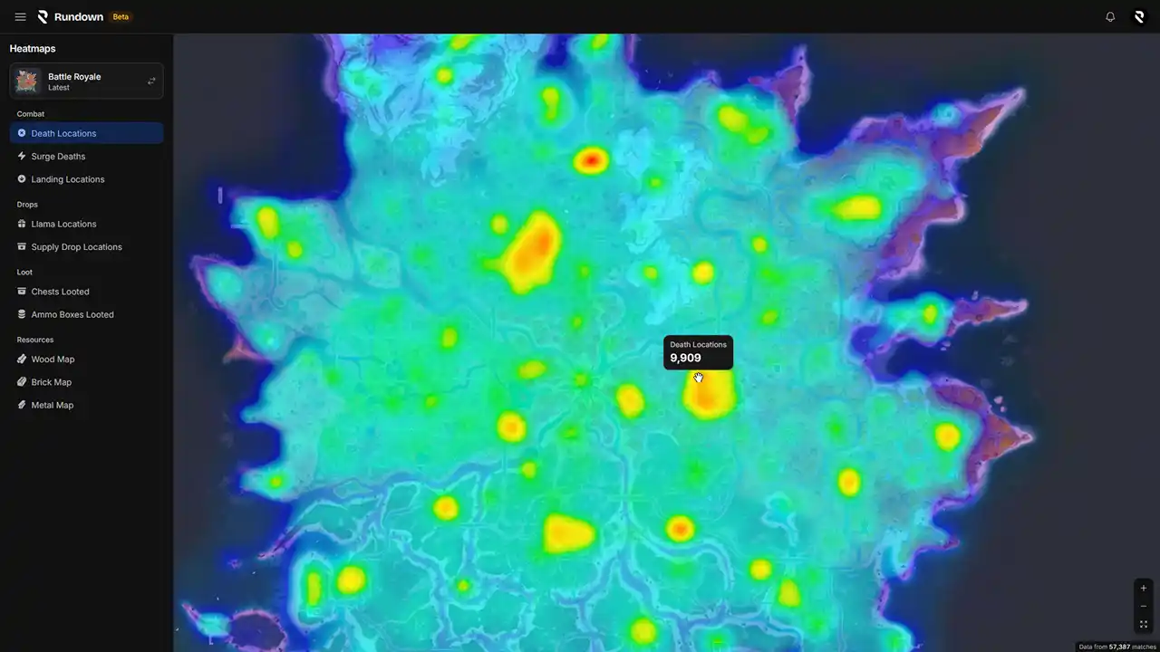 A Rundown death-locations heatmap across the whole island